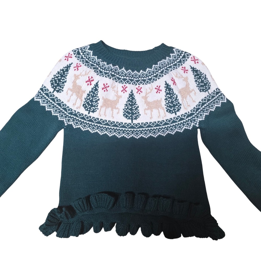 Tahari Kids‎ Girls Green Reindeer Christmas Sweater Ruffle Hem Size 3T